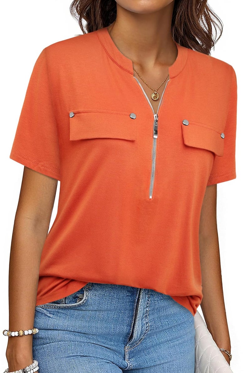 Bulotus Work Tops for Women Office Short Sleeve Tunics or Tops to Wear with Leggings Zip Professional Teacher Clothes Dressy Summer Blouses, Orange, 2XL - Image 1